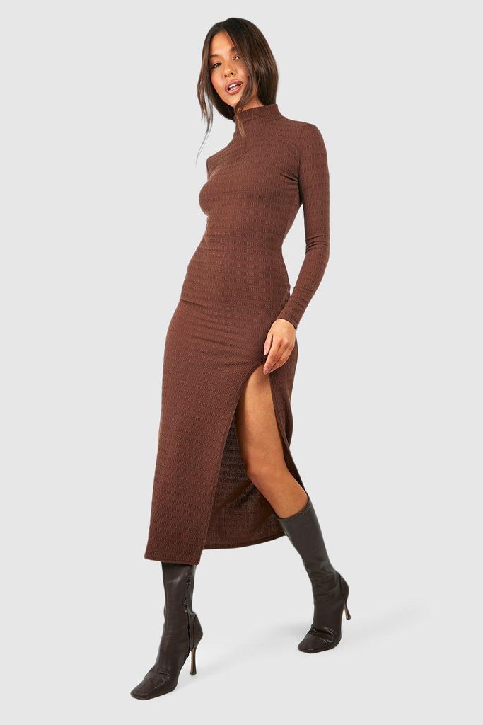 Womens Soft Crinkle Texture High Neck Midaxi Dress - Brown - 8, Brown