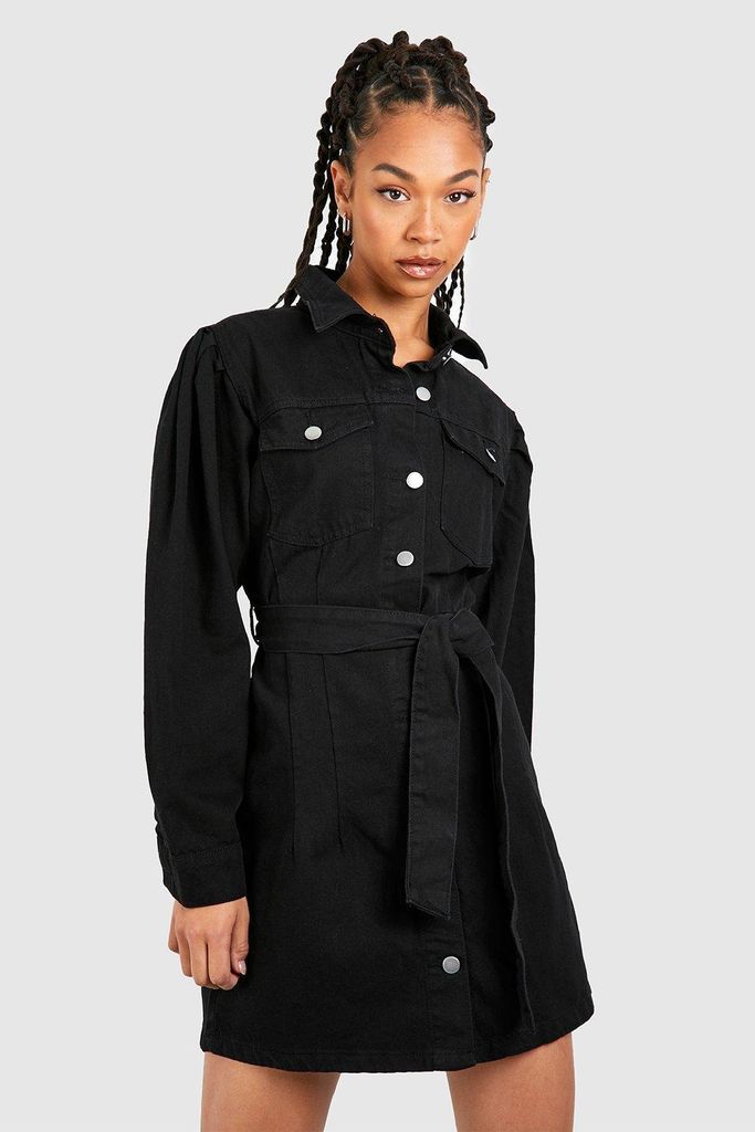 Womens Tall Belted Denim Shirt Mini Dress - Black - 6, Black