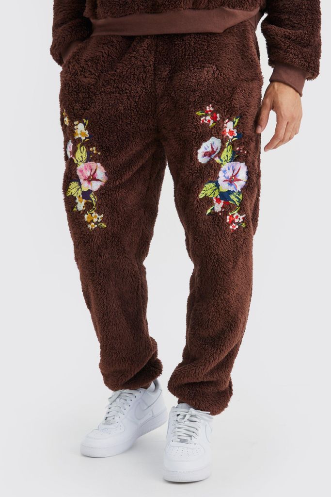 Men's Borg Jogger With Floral Embroidery - Brown - S, Brown