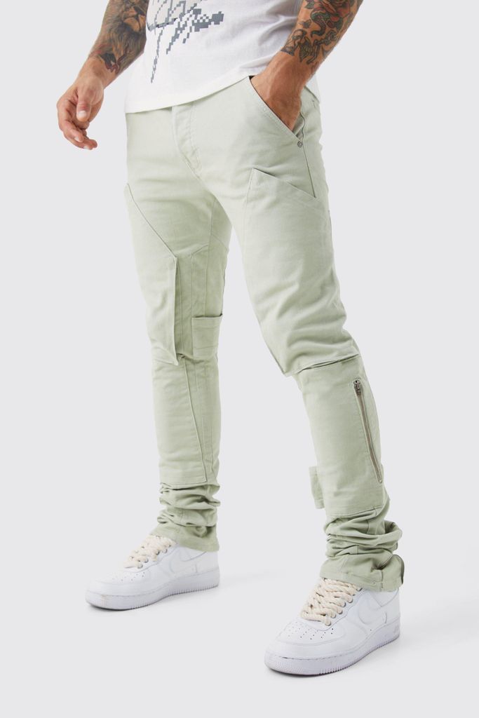 Men's Fixed Waist Skinny Stacked Gusset Strap Cargo Trouser - Green - 28, Green