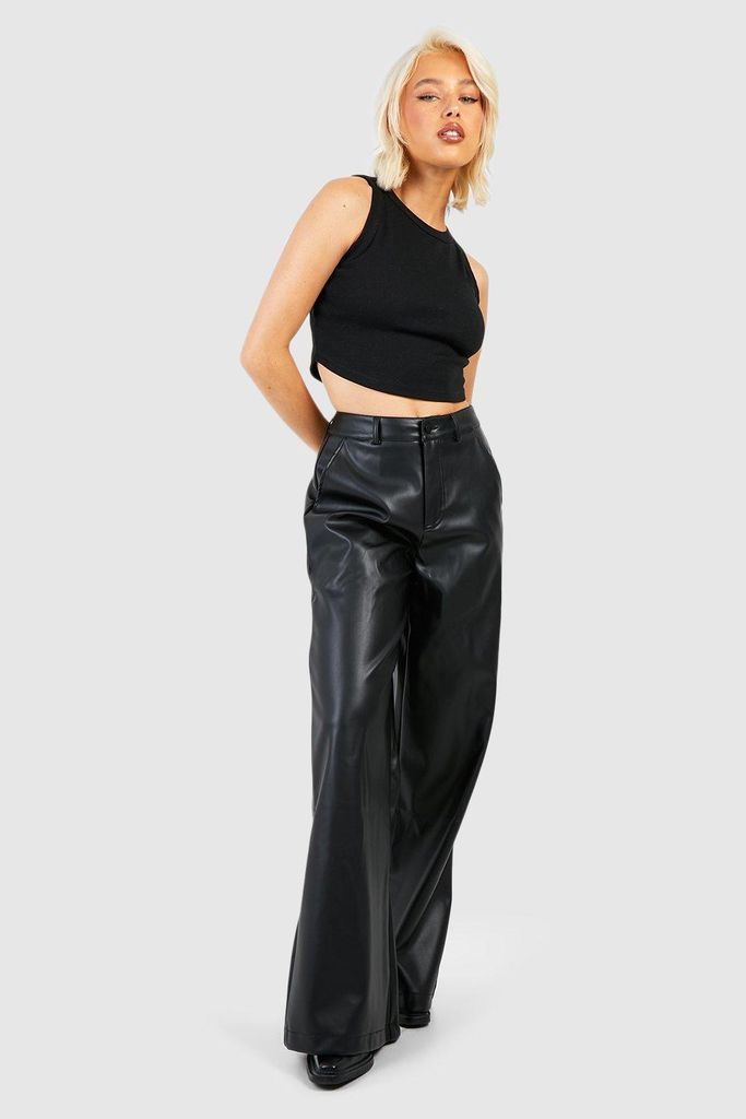 Womens Leather Look Wide Fit Trousers - Black - 6, Black