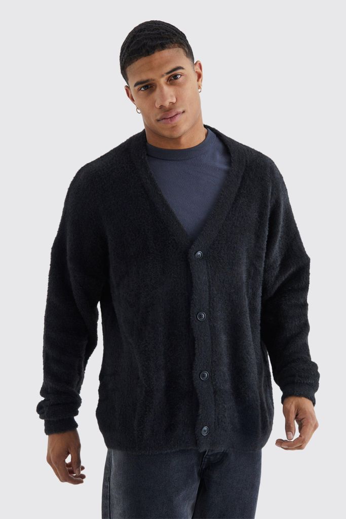 Men's Oversized Boxy Fluffy Knitted Cardigan - Black - S, Black