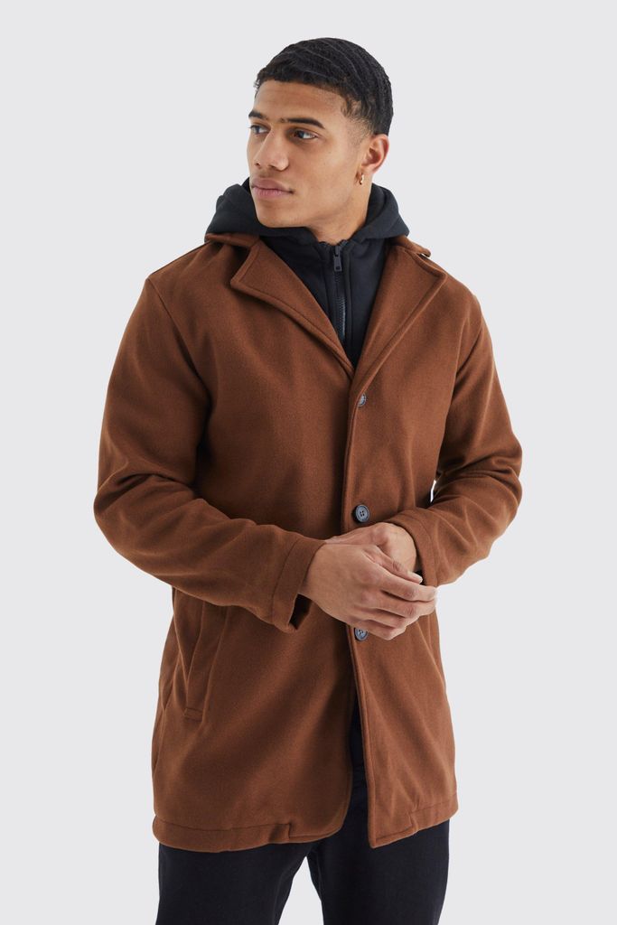 Men's Single Breasted Wool Mix Overcoat With Hood - Brown - S, Brown