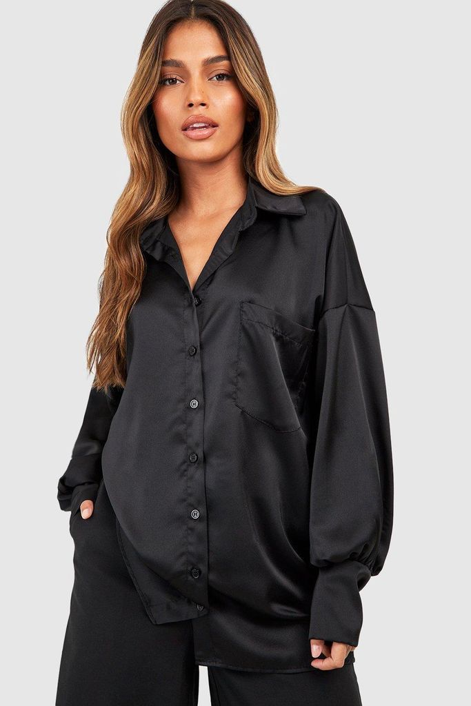 Womens Satin Volume Sleeve Pocket Detail Shirt - Black - 6, Black