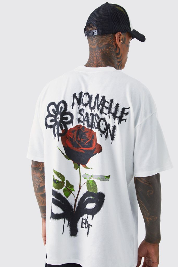 Men's Oversized Graffiti Rose T-Shirt - White - S, White