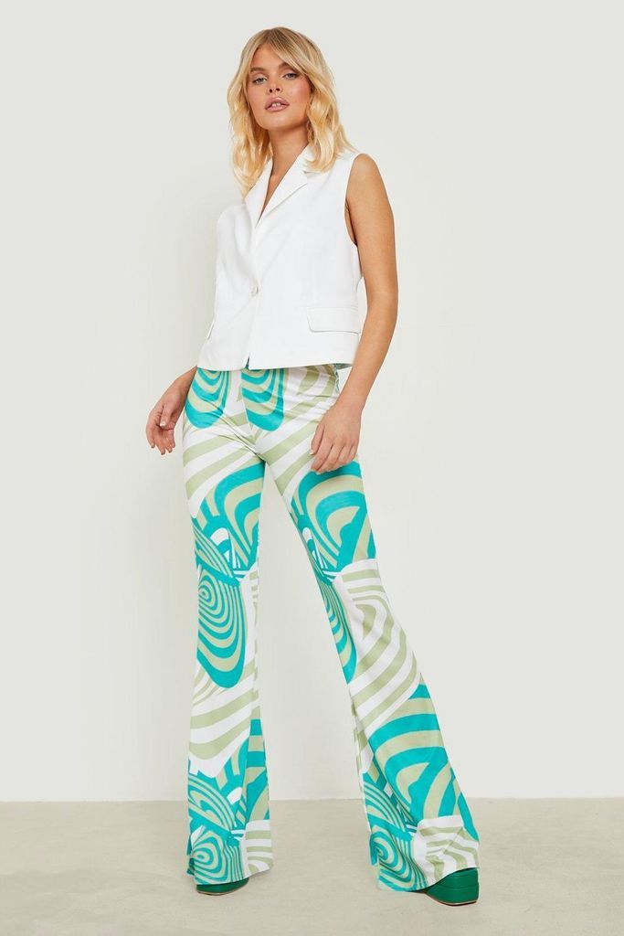 Womens Swirl Print Slinky Flare Trouser - Green - 6, Green