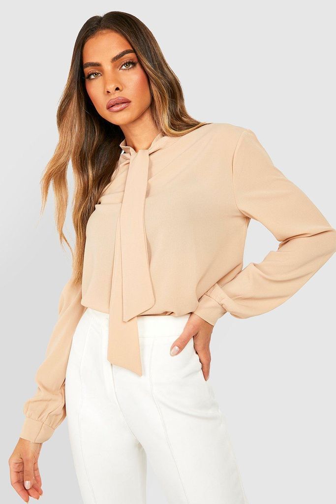 Womens Pussybow Woven Blouse - Beige - 14, Beige