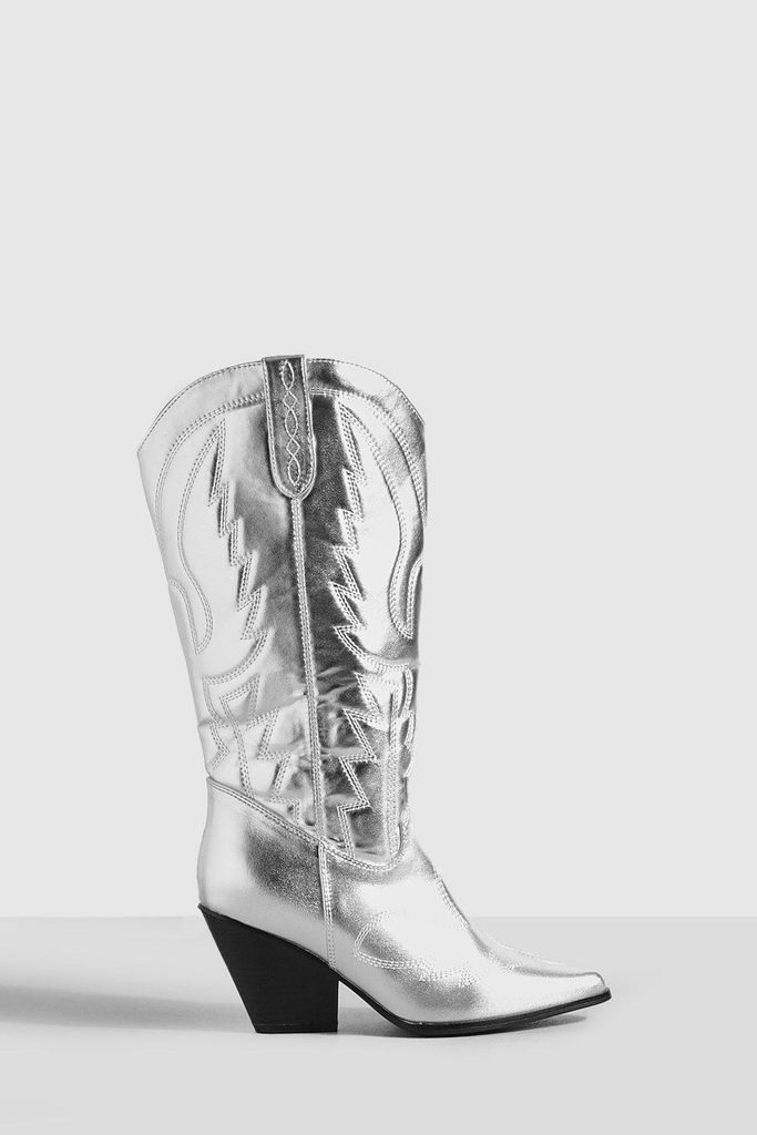 Womens Wide Fit Metallic Knee High Western Cowboy Boots - Grey - 3, Grey