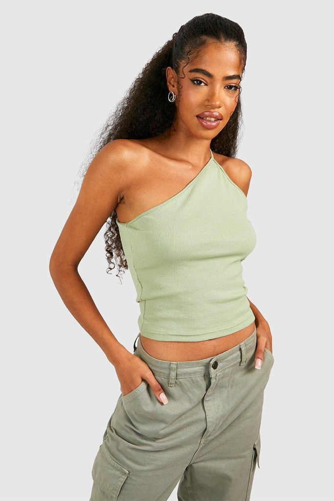 Womens Basic Rib One Shoulder Strappy Vest - Green - 6, Green