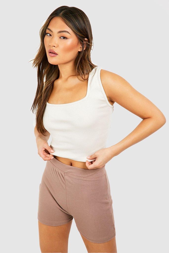Womens Cotton Rib High Waisted Booty Short - Brown - 12, Brown