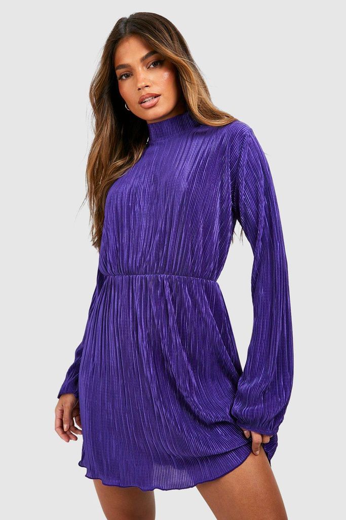 Womens High Neck Plisse Shift Dress - Purple - 6, Purple