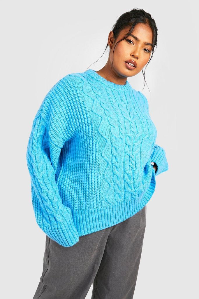 Womens Plus High Neck Chunky Cable Knit - Blue - 24, Blue