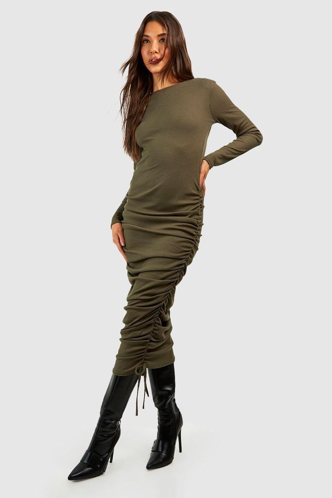 Womens Rouched Detail Ribbed Midi Dress - Green - 8, Green