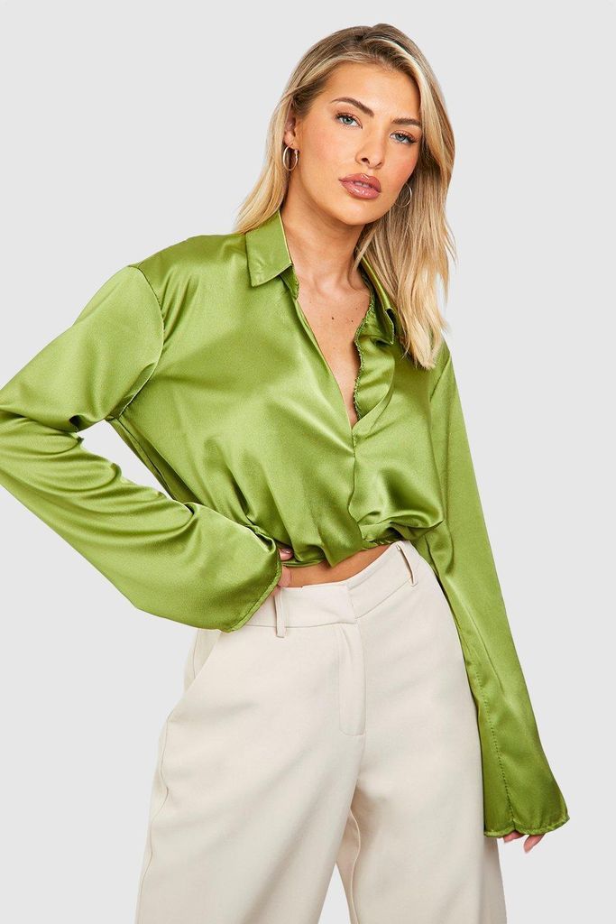 Womens Satin Drape Front Shirt - Green - 6, Green