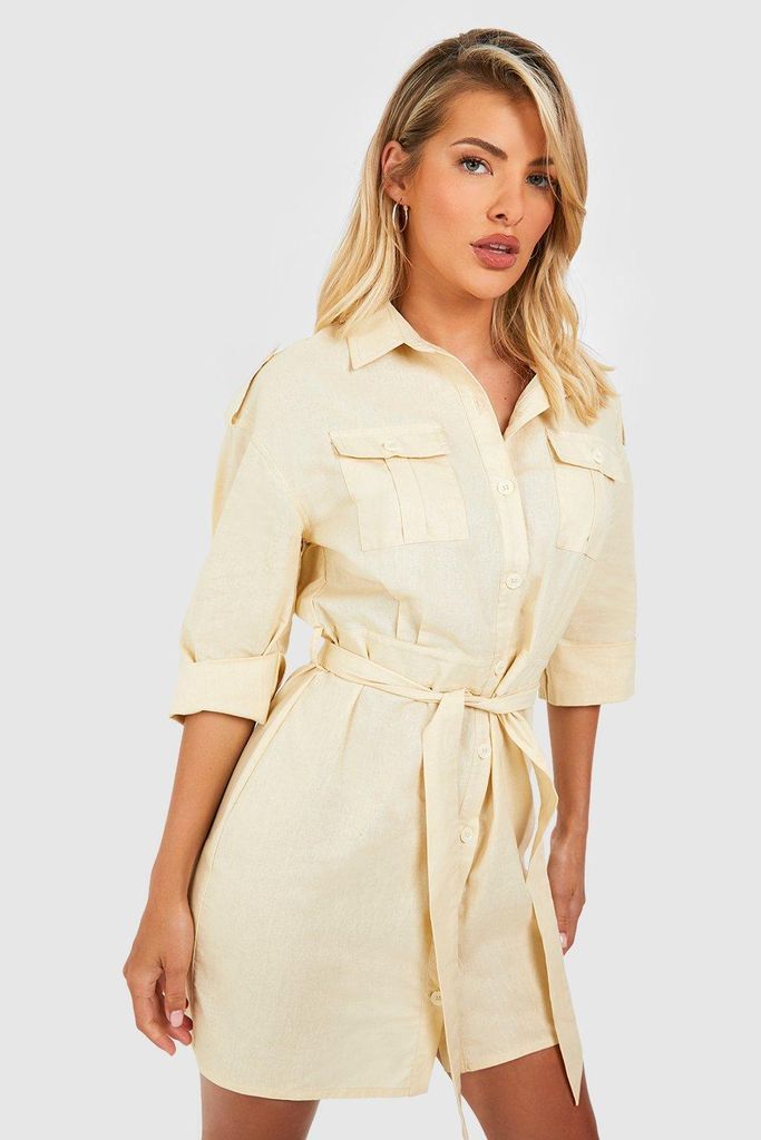 Womens Utility Pocket Cotton Shirt Dress - Beige - 8, Beige