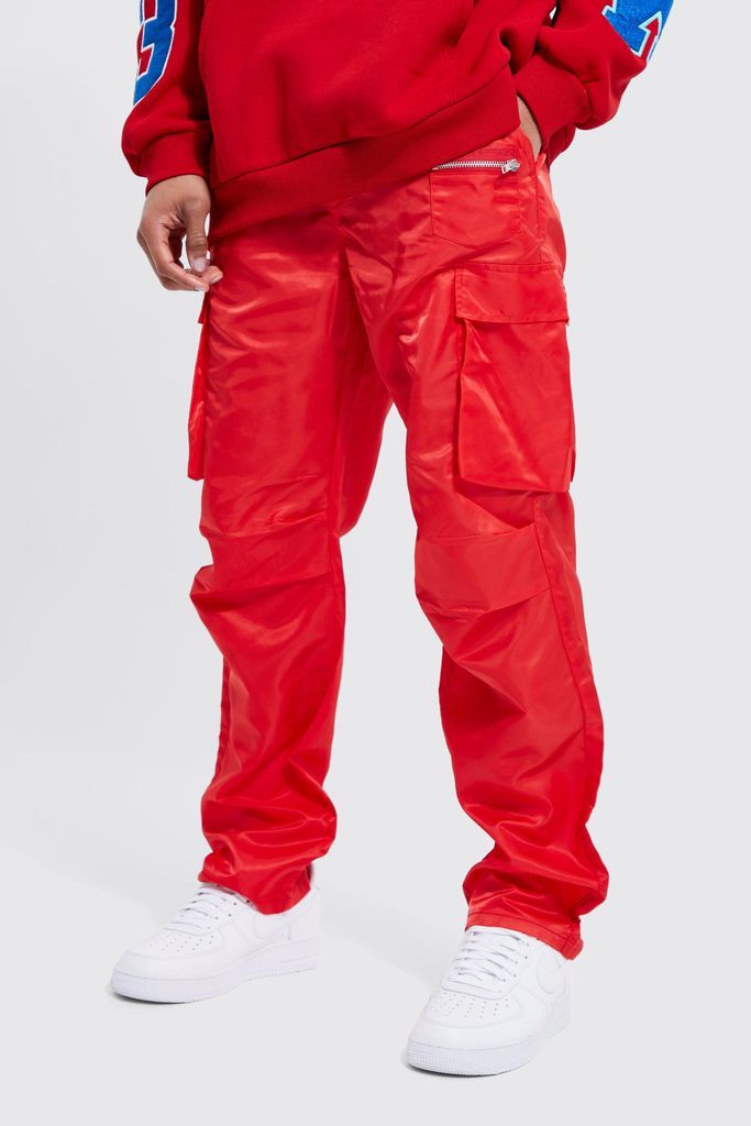 Men's Elastic Waist Straight Leg Zip Cargo Trouser - Red - S, Red