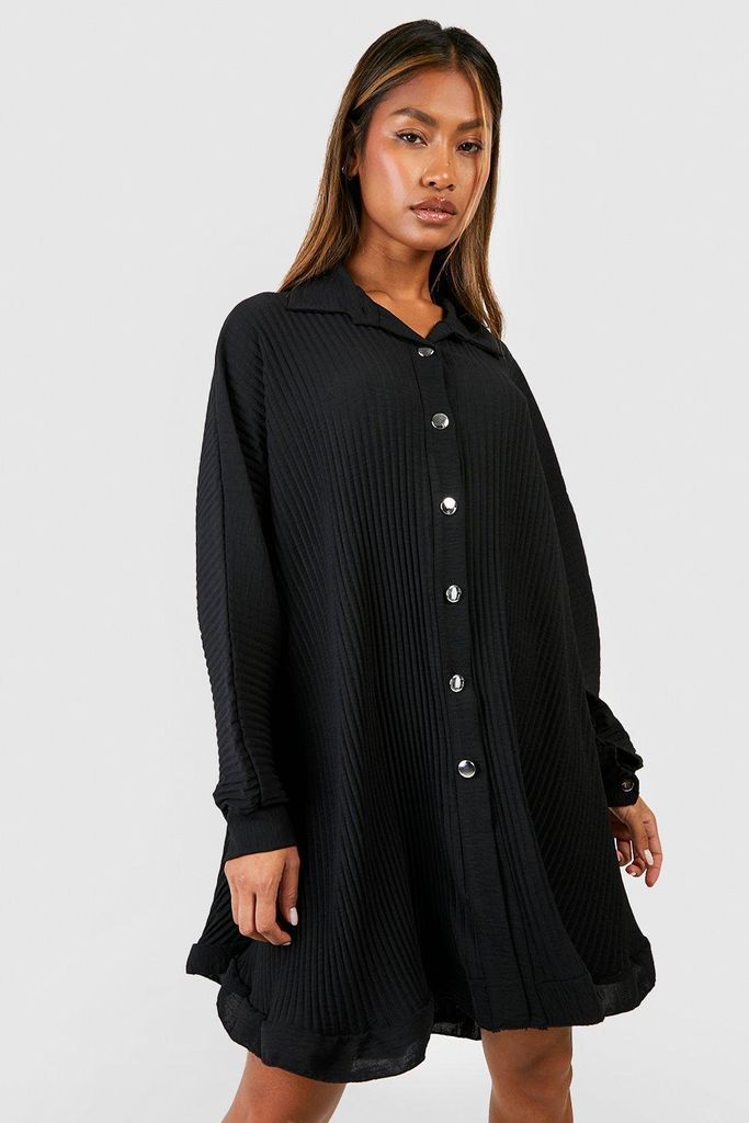 Womens Pleated Shirt Dress - Black - S/M, Black