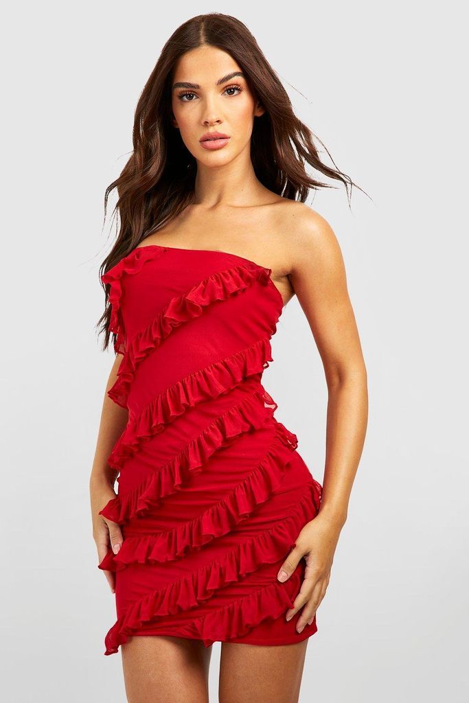 Womens Bandeau Ruffle Mini Dress - Red - 10, Red