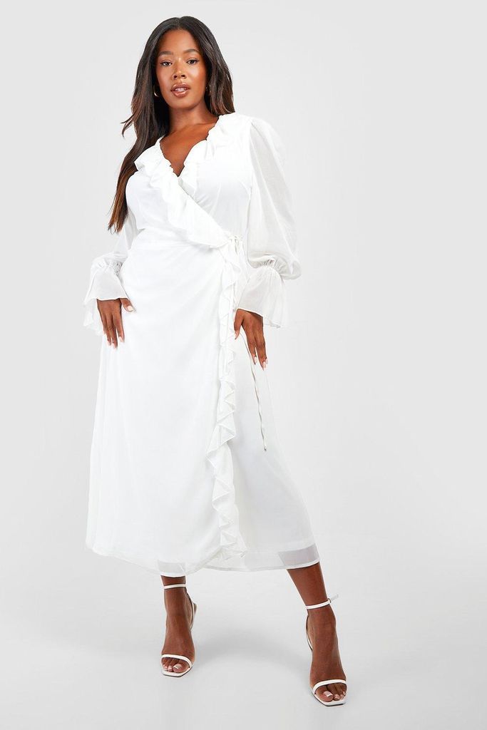 Womens Plus Chiffon Ruffle Wrap Dress - White - 16, White