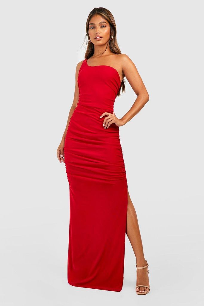 Womens Ruched Mesh Asymmetric Maxi Dress - Red - 16, Red