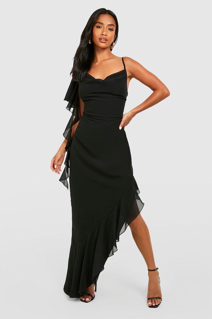 Womens Petite Asymmetric Ruffle Midaxi Dress - Black - 12, Black