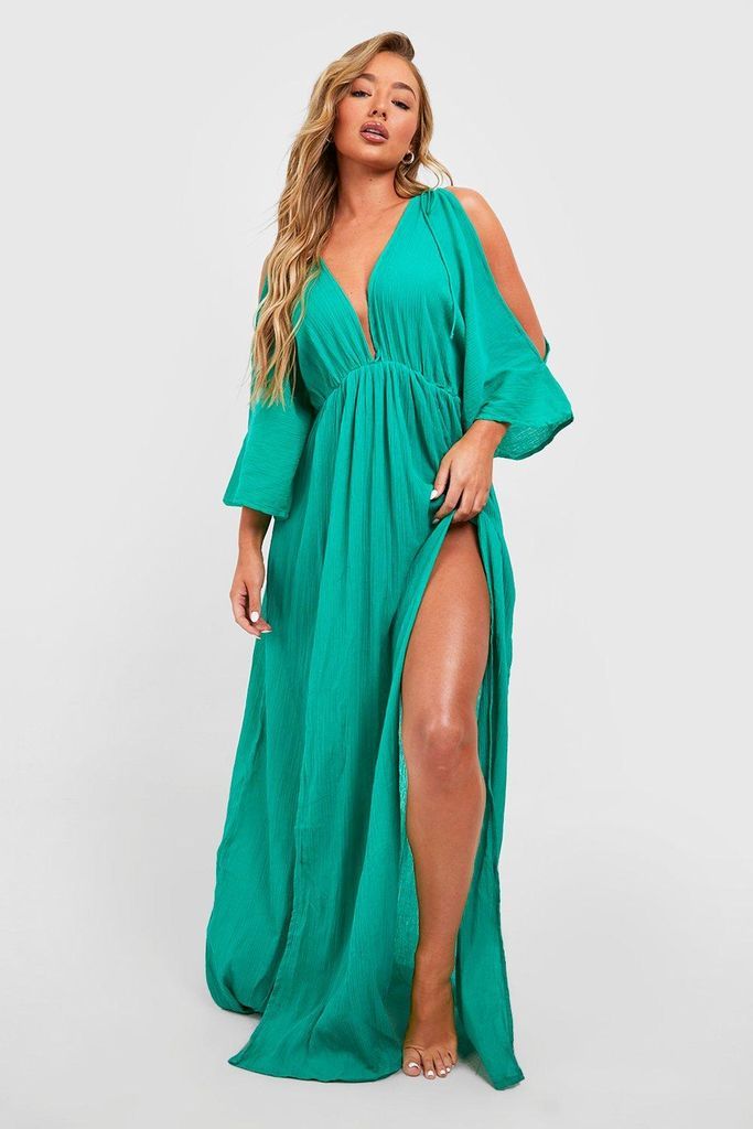 Womens Cheesecloth Cold Shoulder Plunge Split Maxi Beach Dress - Green - S, Green