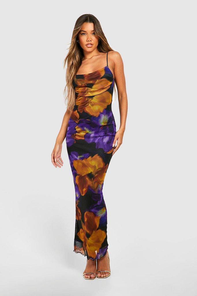 Womens Floral Print Mesh Maxi Slip Dress - Purple - 16, Purple