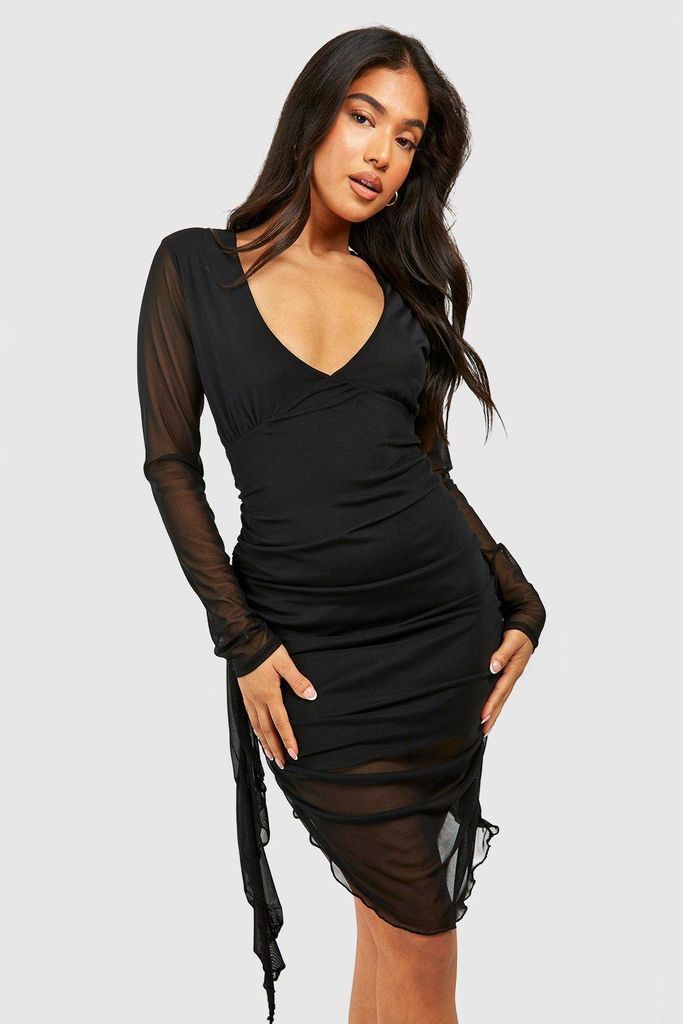 Womens Petite Mesh Plunge Ruffle Front Mini Dress - Black - 6, Black