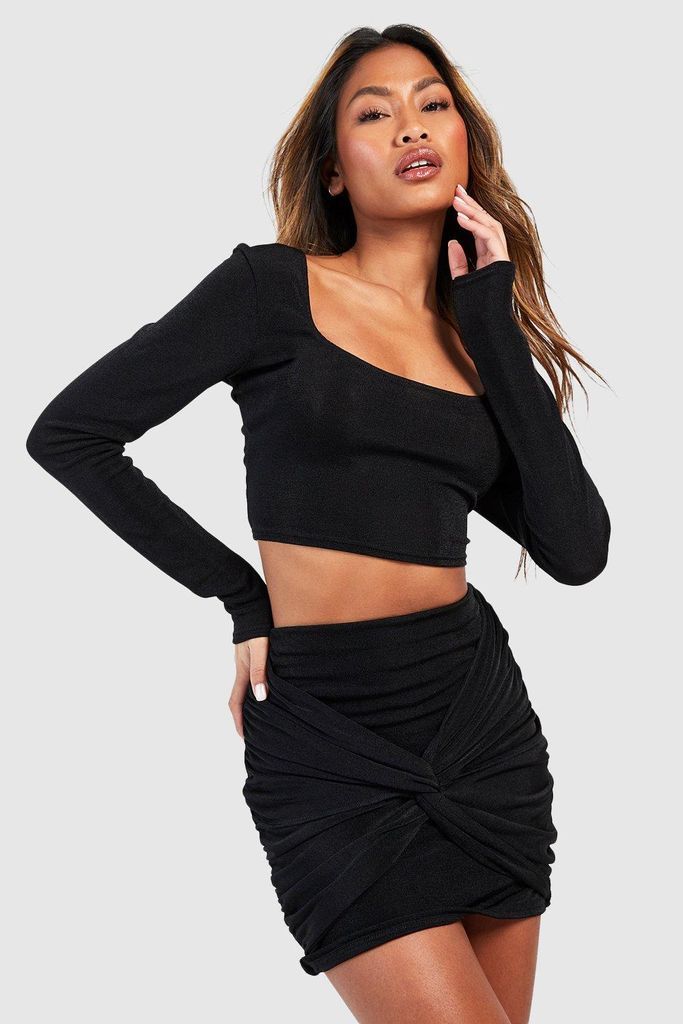 Womens Acetate Slinky Square Neck Top & Knot Front Mini Skirt - Black - 6, Black