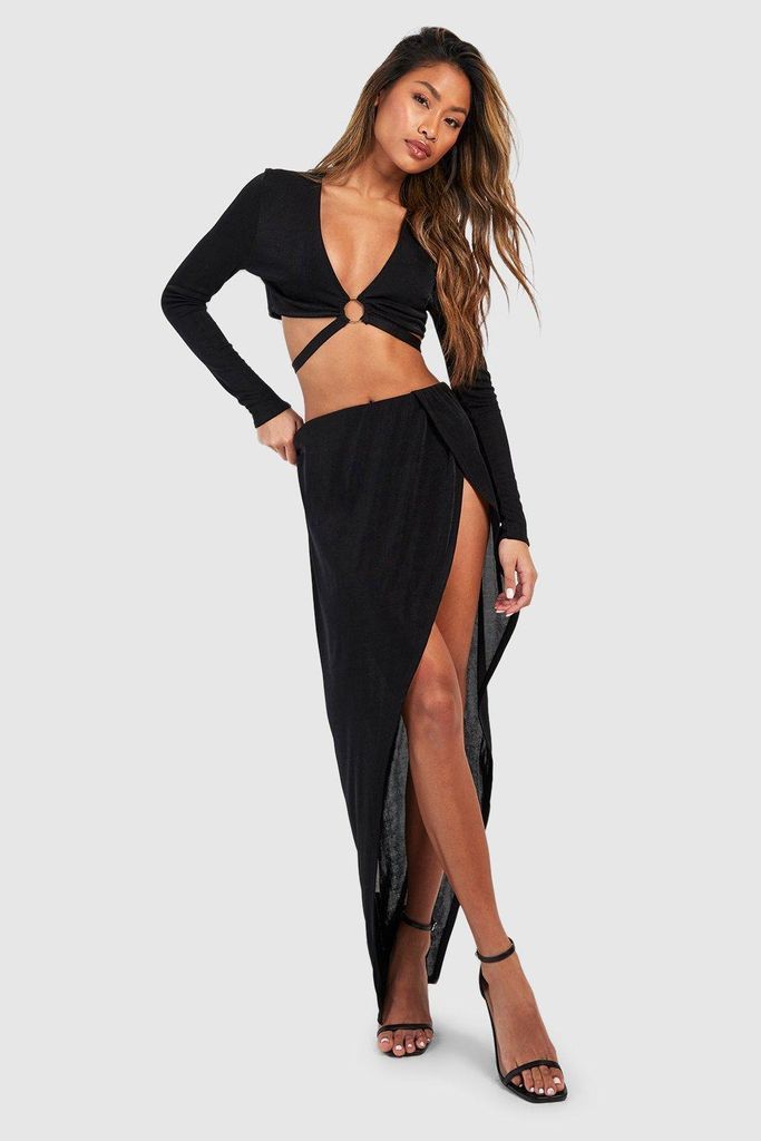 Womens Acetate Slinky O Ring Cut Out Top & Maxi Skirt - Black - 8, Black