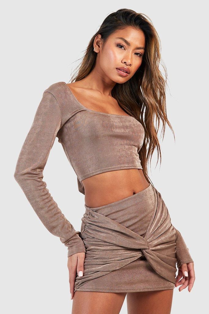 Womens Acetate Slinky Square Neck Top & Knot Front Mini Skirt - Brown - 6, Brown