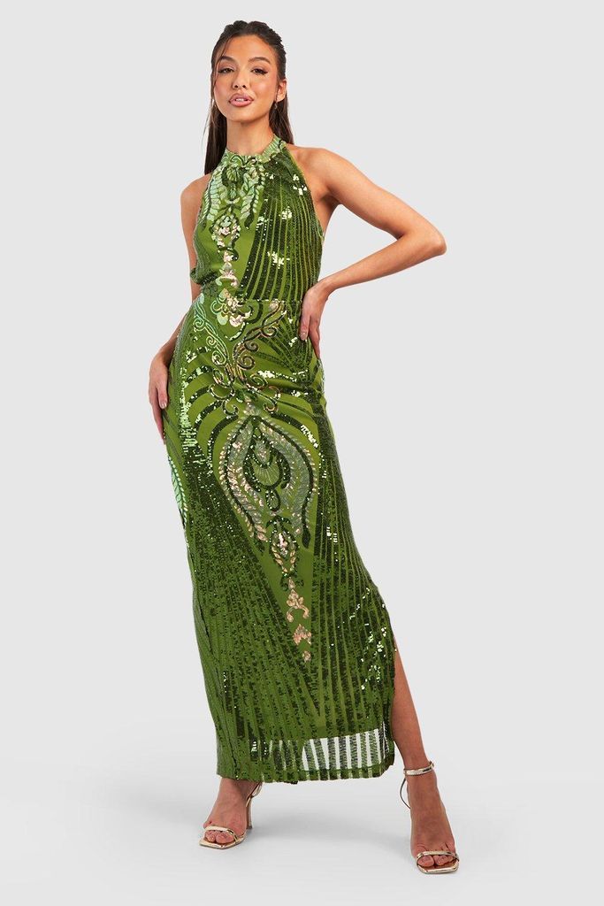 Womens Damask Sequin High Neck Maxi Dress - Green - 8, Green