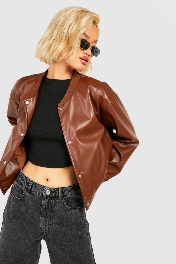 Womens Faux Leather Bomber Jacket - Brown - 10, Brown