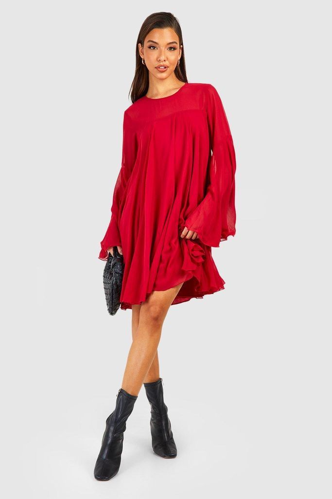 Womens Flare Sleeve Chiffon Smock Dress - Red - 8, Red