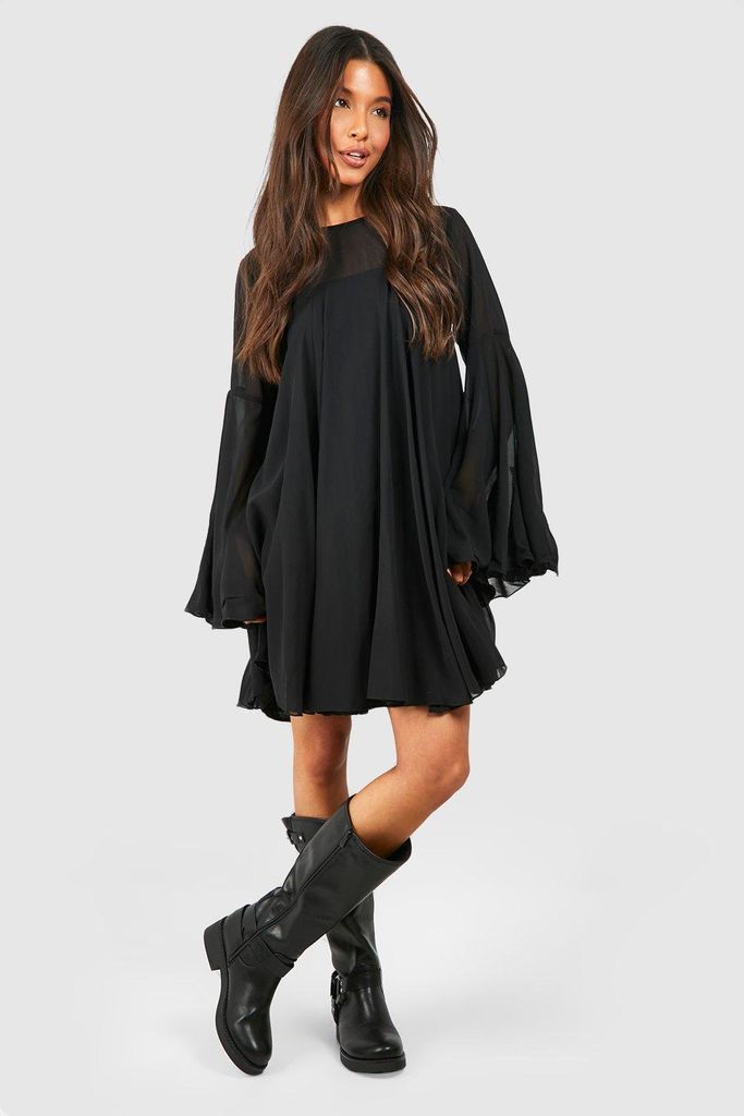 Womens Flare Sleeve Chiffon Smock Dress - Black - 8, Black
