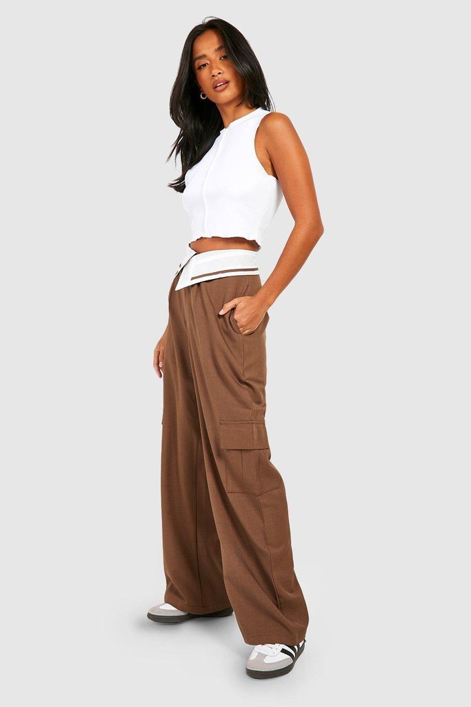 Womens Petite Foldover Waistband Tailored Trousers - Brown - 6, Brown