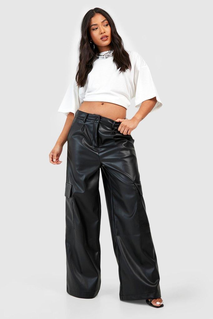 Womens Petite Leather Look High Waisted Cargo Trousers - Black - 8, Black
