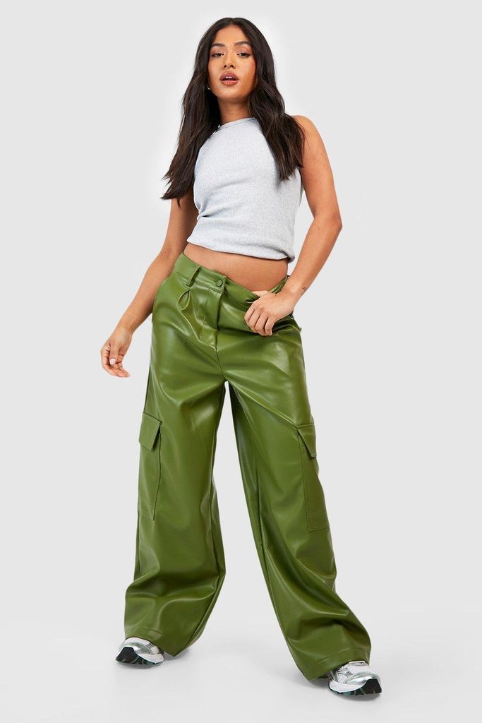 Womens Petite Leather Look High Waisted Cargo Trousers - Green - 12, Green