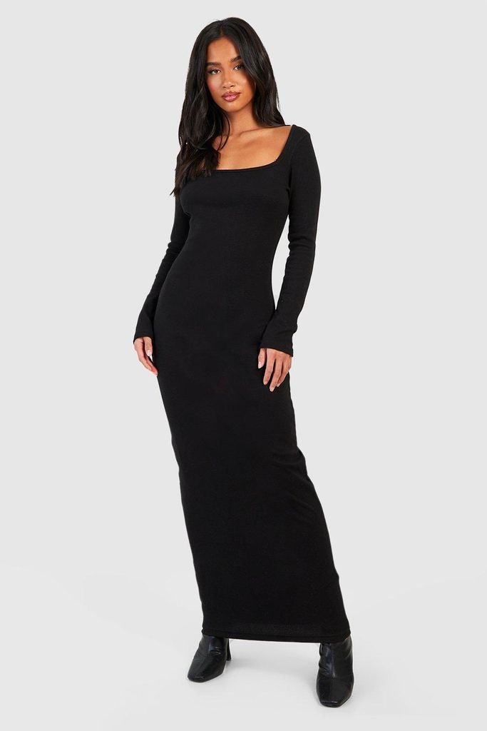 Womens Petite Long Sleeve Square Neck Midaxi Dress - Black - 6, Black