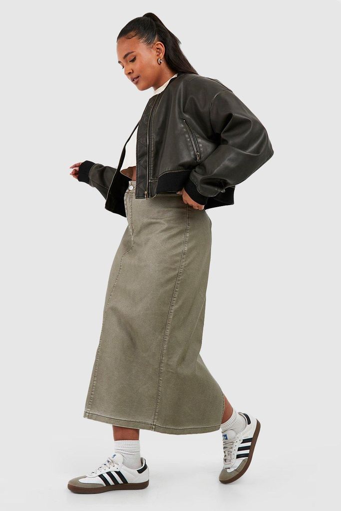 Womens Plus Vintage Look Faux Leather Midi Skirt - Grey - 16, Grey