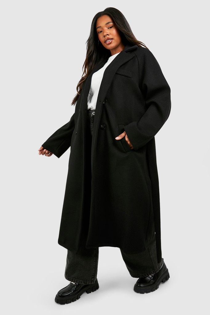 Womens Plus Wool Look Tie Belt Longline Jacket - Black - 16, Black