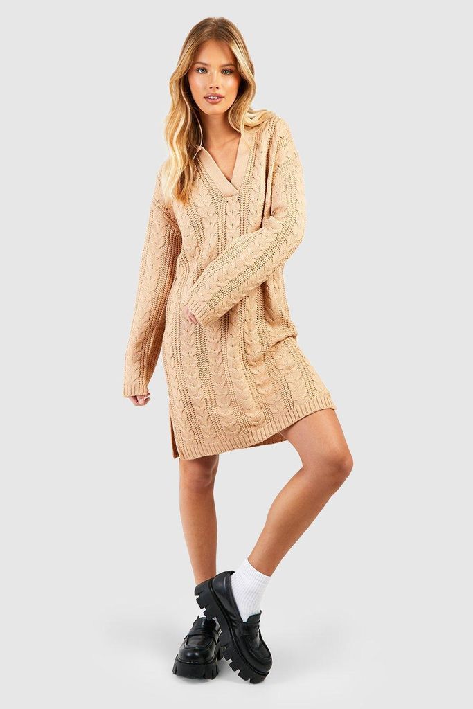 Womens Polo Neck Cable Knitted Mini Dress - Brown - S, Brown