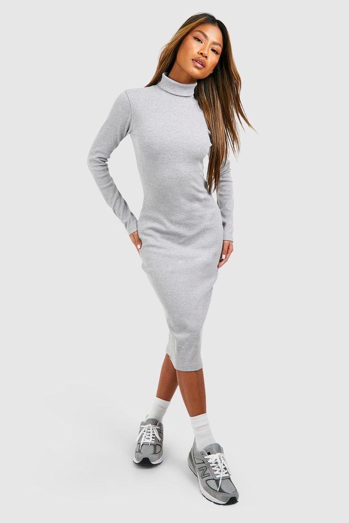 Womens Roll Neck Long Sleeve Midi Dress - Grey - 12, Grey