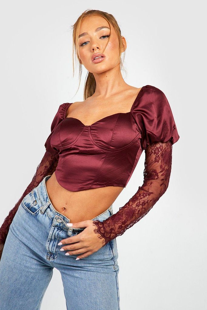 Womens Satin Lace Sleeve Corset Top - Red - 6, Red