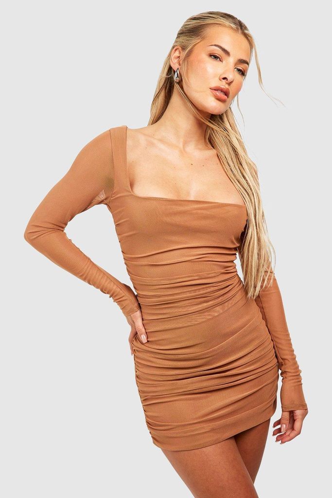 Womens Square Neck Ruched Mesh Bodycon Dress - Beige - 8, Beige