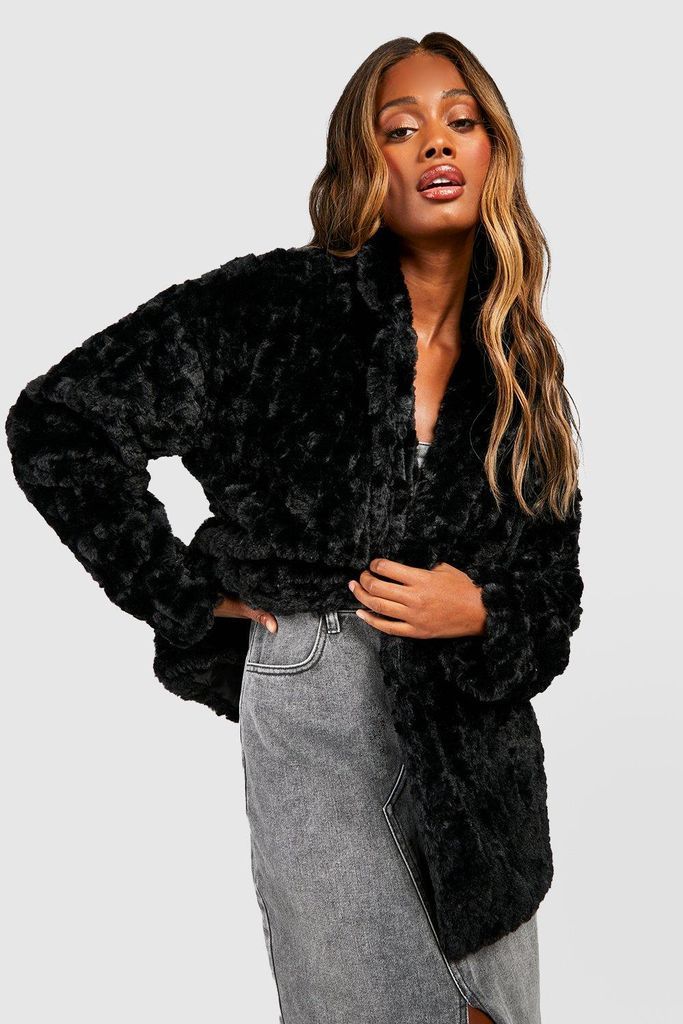 Womens Textured Faux Fur Longline Coat - Black - 8, Black