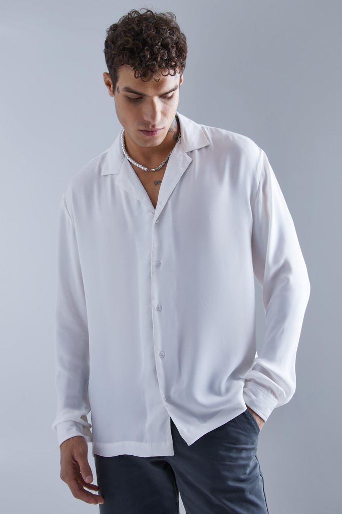 Men's Long Sleeve Drop Revere Sateen Look Shirt - White - S, White