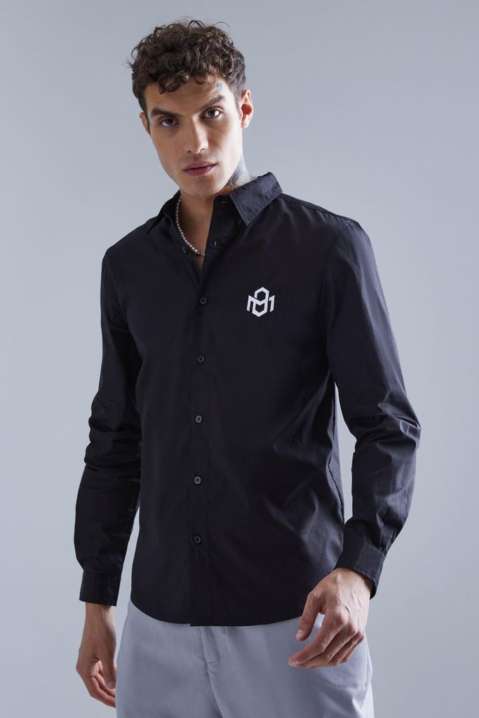 Men's Long Sleeve Poplin Mini Chest Embroidery Shirt - Black - S, Black