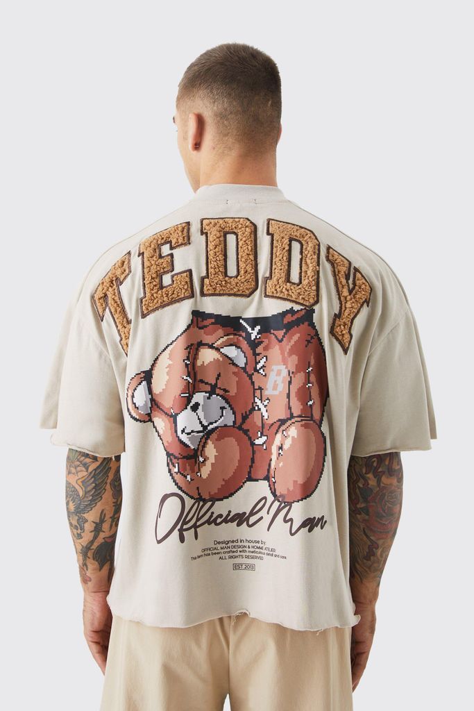 Men's Oversized Boxy Heavyweight Borg Teddy Graphic T-Shirt - Beige - S, Beige