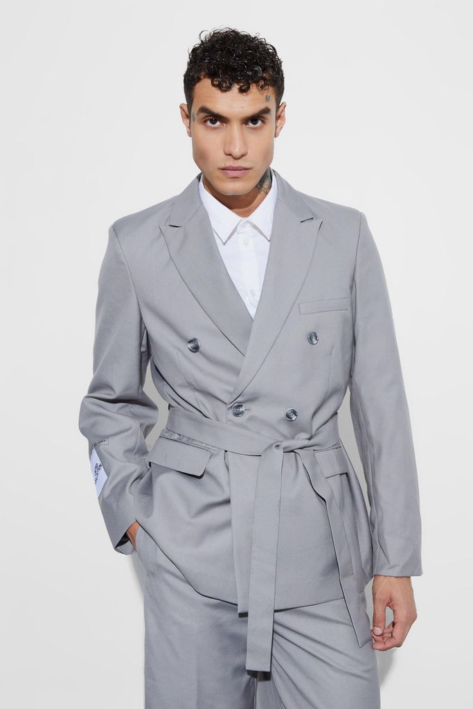 Men's Oversized Double Breasted Wrap Belted Blazer - Grey - 34, Grey